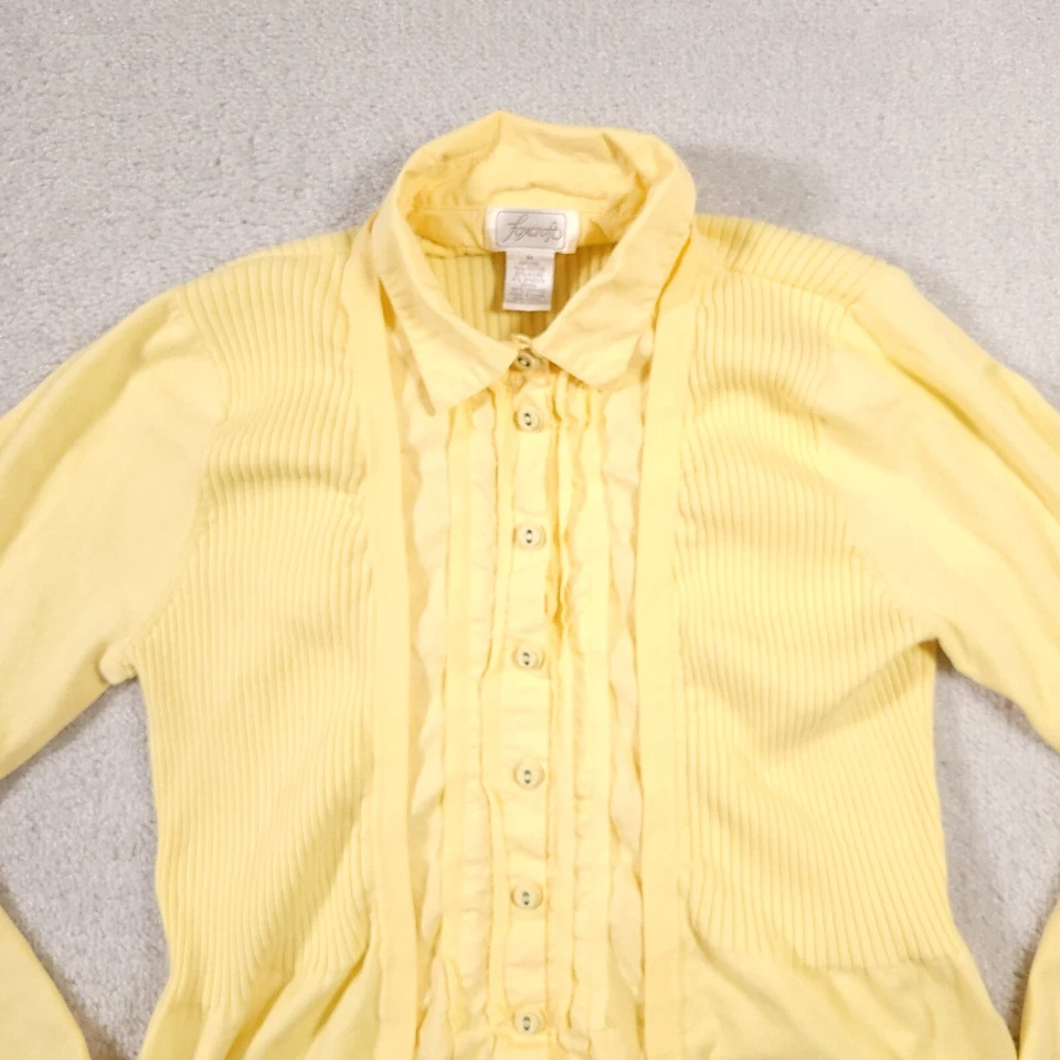 Cárdigan Foxcroft tejido con botones suéter cuello camisa para mujer mediano amarillo acanalado Foto 3 de 4
