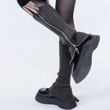 Women Leg Warmers Crochet Knit Mid Calf Gothic Punk Winter Zip Boot Socks