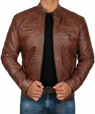 Men Distressed Brown Leather Jacket Biker Motorcycle Real Lambskin Antique Coat