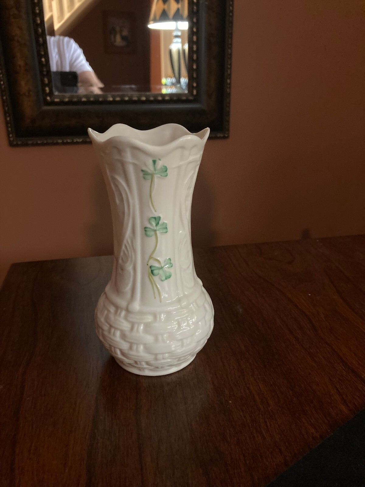 Belleek Bud Vase Hand Painted Shamrocks Porcelain Ireland 5 inches eBay