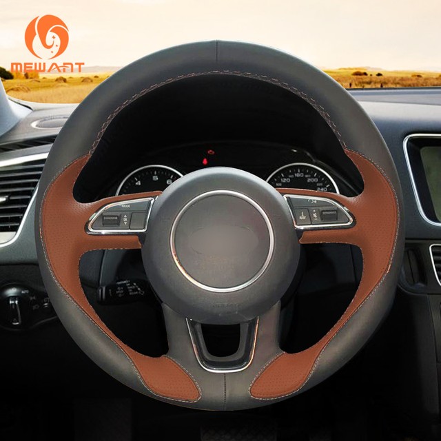 Hand Sew Brown Black Leather Steering Wheel Cover for Audi Q3 Q5 2013
