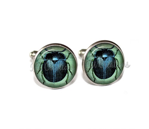 Blue Beetle Insect Nature for Him - Handmade Round Glass Metal Cufflinks - Picture 7 of 7