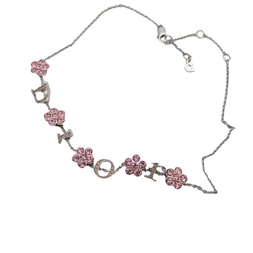 Christian Dior Flower & Logo Charm Pink Bijou Design Necklace Silver