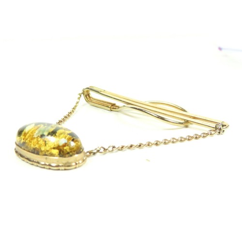 VINTAGE GOLD TONE TIE BAR CLASP WITH OVAL GOLD CONFETTI DANGLE PENDANT - Picture 3 of 10