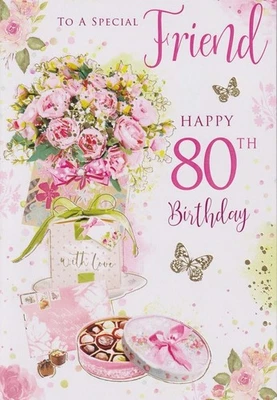 SPECIAL DAYS Friend 80th Birthday Card Floral Gift & Chocolate Design Quality Finish 15x23cm