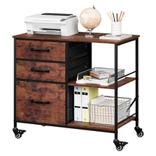 Mobile File Cabinet w/ 3 Drawers & Open Shelf Rolling Printer Stand Rustic Brown