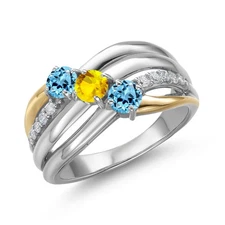 925 Silver and 10K Yellow Gold Swiss Blue Topaz and Yellow Sapphire and Lab