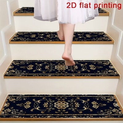 Deep  Base with Golden Floral Vintage Pattern Stair Treads, Non-slip Step Pads