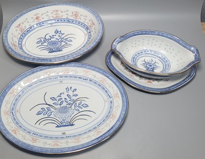3 x Chinesische Blau & Weiß Porzellan Reisauge Korn Blume Sauciere Oval Teller 