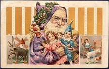 Stunning German Antique Postcard Purple Santa Claus Dolls Elephant Scandinavian