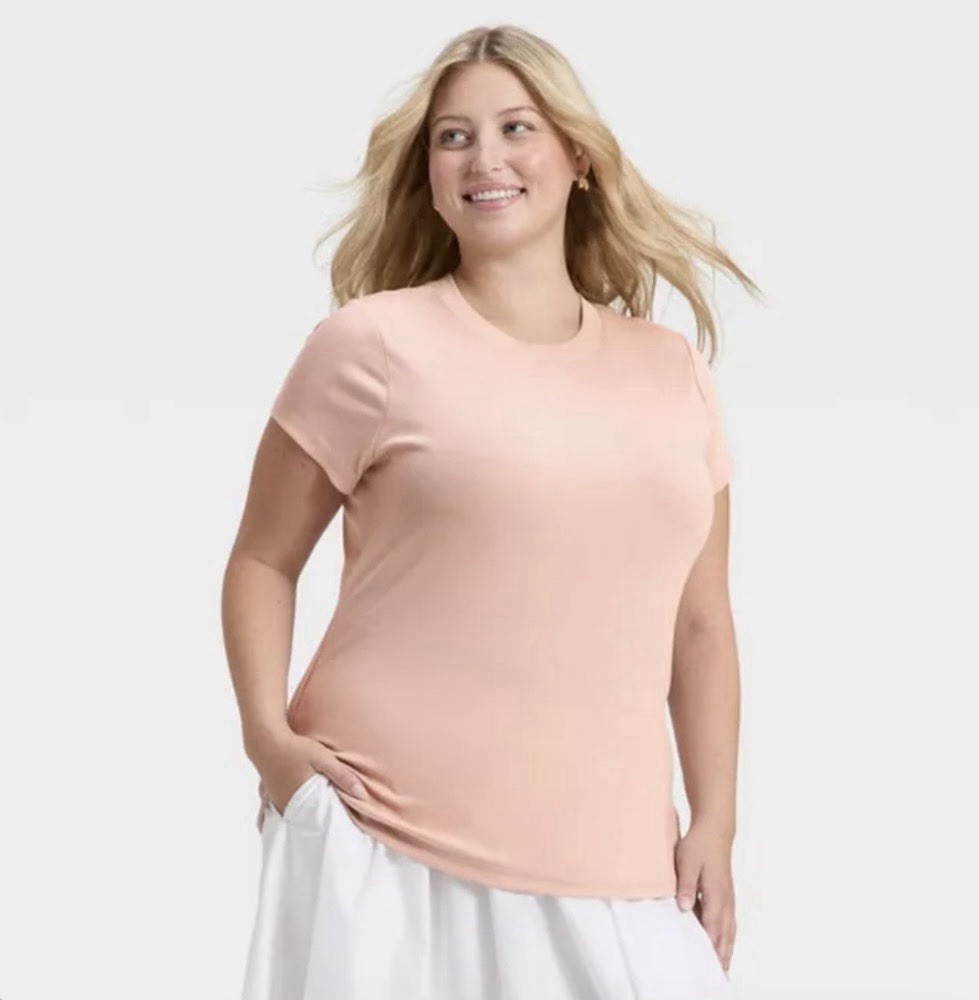 A New Day Women's Pink Ribbed Knit Crew Neck Short Sleeve T-Shirt Plus 2X