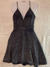 Windsor Dress Womens Medium Black Glitter Fit Flare V Neck Open Back Mini Party