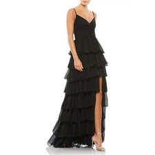 IEENA for Mac Duggal Gown Sz 8 Black Tiered Ruffle Maxi Formal Evening Dress