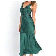 Lulus Green Satin Jacquard Maxi Dress Small NWT V Neck Tie Front Mermaid Hem