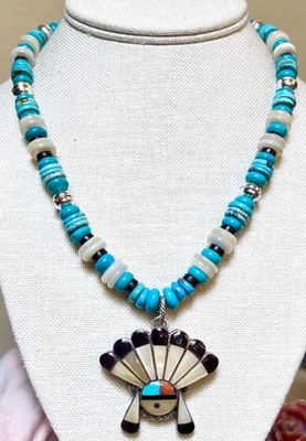 WONDERFUL Native American Turquoise, Coral, Jet, Gold Shell Sun God Necklace