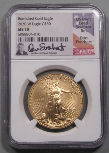 BURNISHED 2020-w $50 GOLD American Eagle. NGC MS70.  DON EVERHARD Signed. 1 oz.