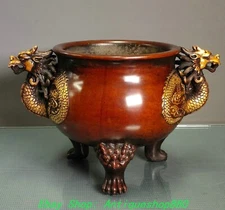 13.3''Old Chinese Dynasty Purple Bronze Gold Dragon Ear Incense Burner Censer
