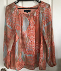 Jones New York Signature Top Size M Peach Pattern Lined Tie Neck Long Sleeves