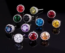 8mm Men Women Sterling Silver Post Stud Crown Cubic Zirconia Earrings Gift