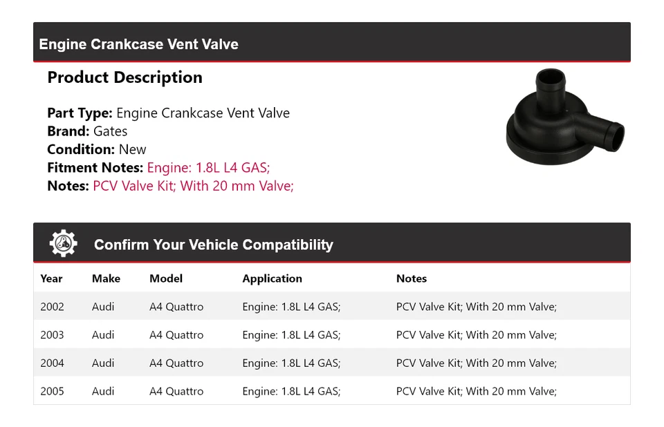 Para Audi A4 Quattro 2002-2005 1,8 L L4 motor gas cárter válvula de ventilación puertas 2003 Foto 2 de 4