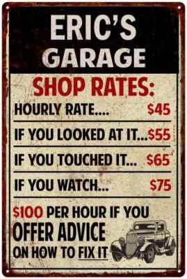 ERIC'S Garage Shop Rates Sign Man Cave Décor  Gift Metal 112180010036