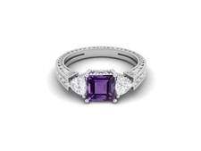 Princess Cut African Amethyst 925 Sterling Silver Three Stone Women Wedding Ring