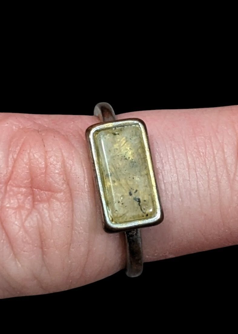 Geometric Rectangular Mottled Stone Silver Tone R… - image 1