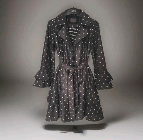 ⚘Per Una Black Silver Spot Belted Mac Trench Coat steampunk Ruffle Frill 8 - 10