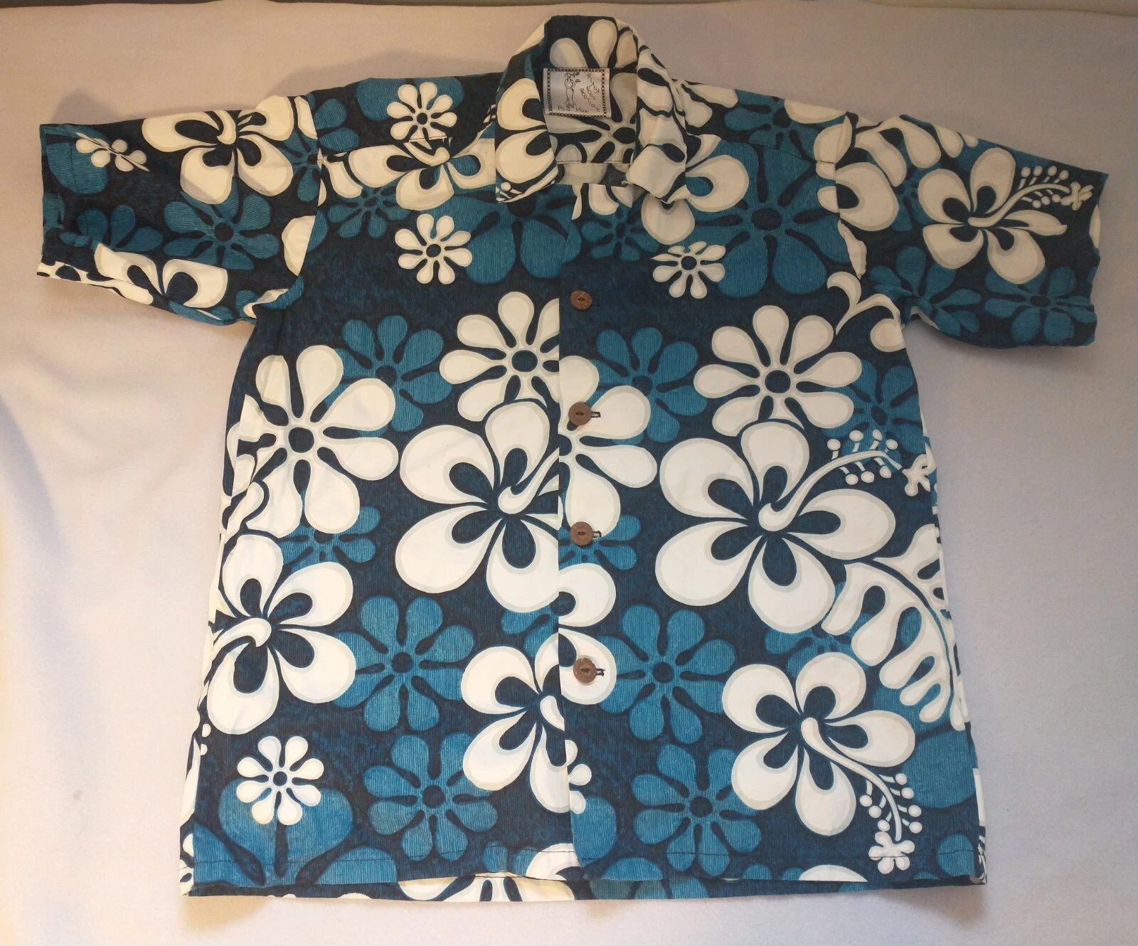 Blue flowered Hawaiian shirt size small Biasa Rose, Paia Maui unisex boho