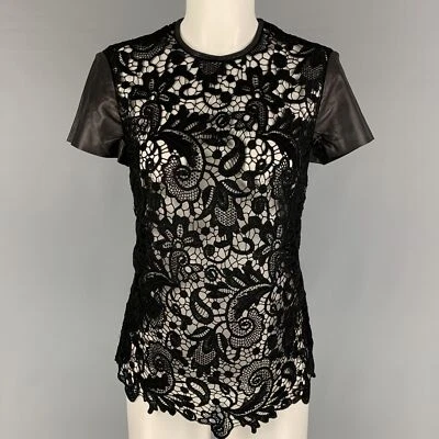 RALPH LAUREN Taille 4 Coton Noir Dentelle Contraste Bordure Cuir Chemisier - Photo 1/4