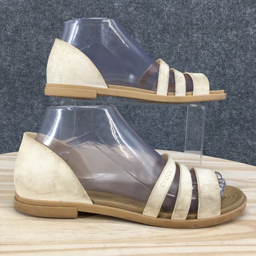 Crocs Sandals Womens 8 Tulum Three Strap Open Toe Slip Ons 206109 Beige Rubber