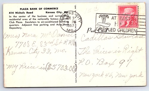Plaza Bank of Commerce Kansas City Missouri Postcard B208 - Picture 2 of 2
