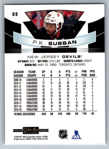 2019-20 O-Pee-Chee Platinum #89 P.K. Subban New Jersey Devils - Picture 2 of 2