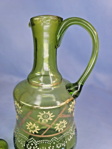 Antique Bohemian Green Decanter w/ 4 Glasses Hand Blown & Painted Enameled - Picture 15 of 24