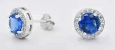 Stud Earrings Round Cut Lab Created Sapphire & Diamond In 14K White Gold Plated