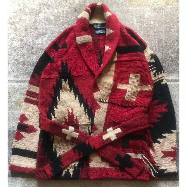Used Polo Ralph Lauren Native Pattern Knit Gown Cardigan Size L Red Black White