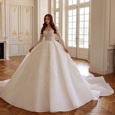 Custom Made Shiny Embroidery Lace Ball Gown Wedding Dresses Full Sleeves Square