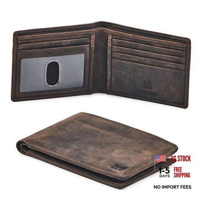 Real Leather Mens Bifold Wallet RFID Blocking Slim Crazy Horse Coffee
