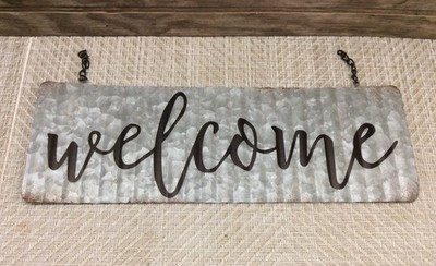 RUSTIC Farmhouse Corrugated Tin Metal Hanging WELCOME Sign 13.75'' X 4.75''