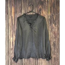 Pleione Top Womens Large Charcoal Gray Metallic Ruffle V Neck Long Sleeve