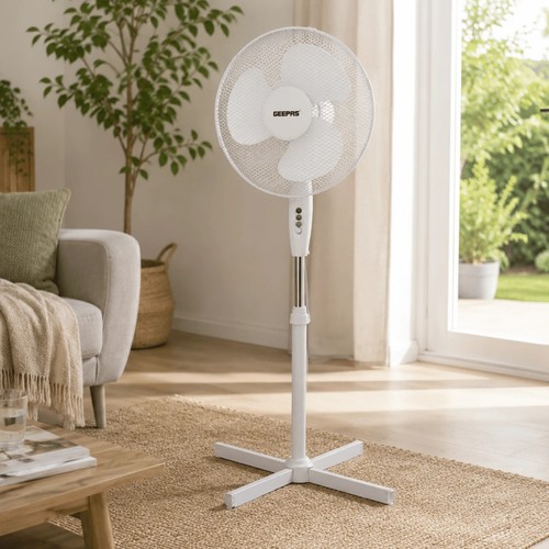Geepas White 16 Inch Standing Fan, 3 Speed Adjustable Height Pedestal Fan