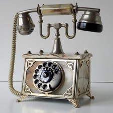 Vintage Retro W&auml;hlscheibentelefon Onyx Marmor Messing verziert beige braun gold