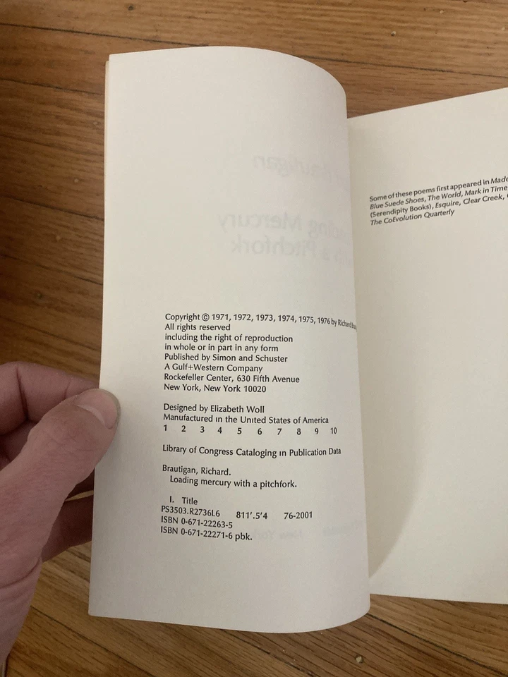 Richard Brautigan Loading Mercury With A Pitchfork 1976 Simon 1st ed/print SC VG Foto 4 de 4