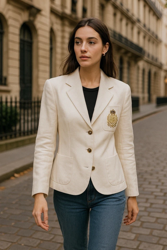Lauren Ralph Lauren 亚麻 Crest Blazer 6 白金传统夹克学院风富豪 — 第 2/4 张图片