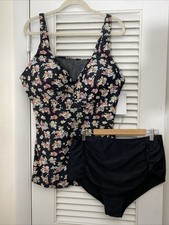 Meet Curve Swimsuit 3XL Tankini Floral Black Bra Ruching NWT 20/22