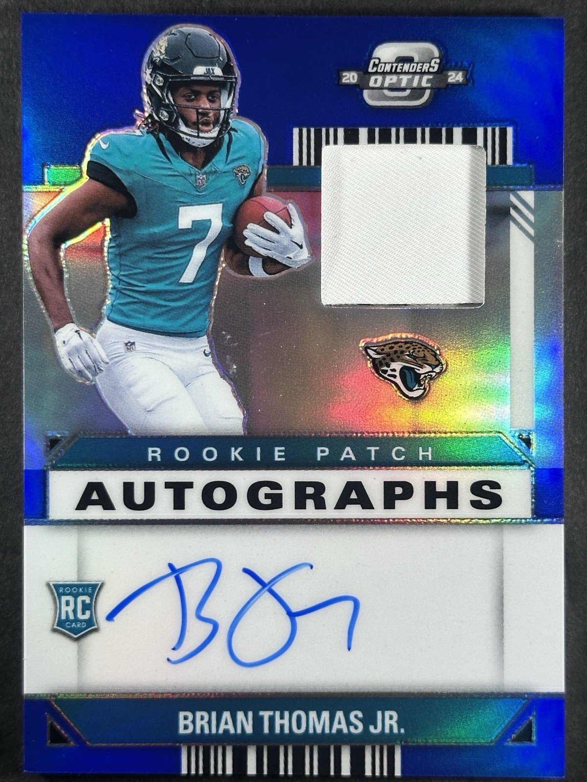 2024 Panini Contenders Optic Brian Thomas Jr. Rookie Patch Auto Blue Prizm /50