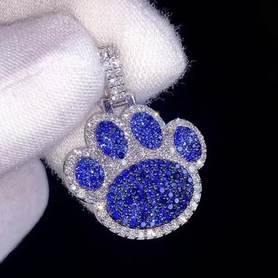 3 Ct Round Lab Created Sapphire Paw Men's Pendant 14K White Gold Plated Silver