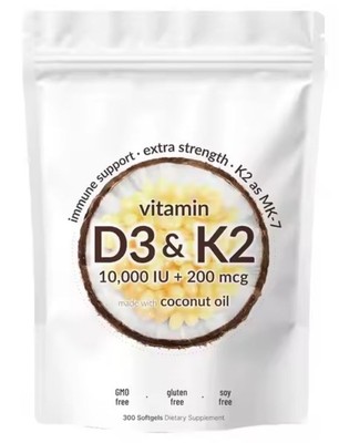 Vitamin D3 10000 iu Plus K2 (MK-7) 200 mcg, 300 Virgin Coconut Oil Softgels