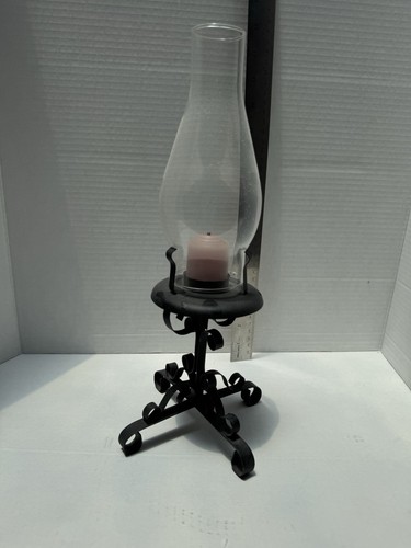VTG Colonial Scroll Wrought Iron, Glass Hurricane Chimney Candle Holder & Handle - Picture 2 of 5