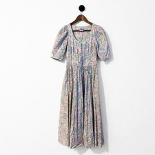 Vintage 80s Pastel Laura Ashley Puffed Sleeve Modest Midi Length Prairie Dress